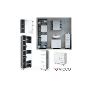 VICCO Badmöbel Set ILIAS Weiß Beton Bad Spiegel Kommode Unterschrank Badschrank