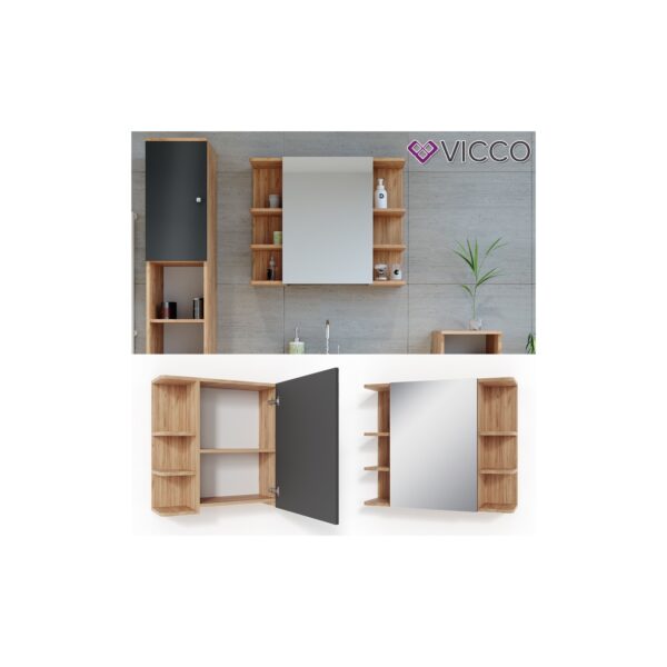 VICCO Spiegelschrank FYNN 80 x 64 Eiche Anthrazit Spiegel Badspiegel Wandspiegel