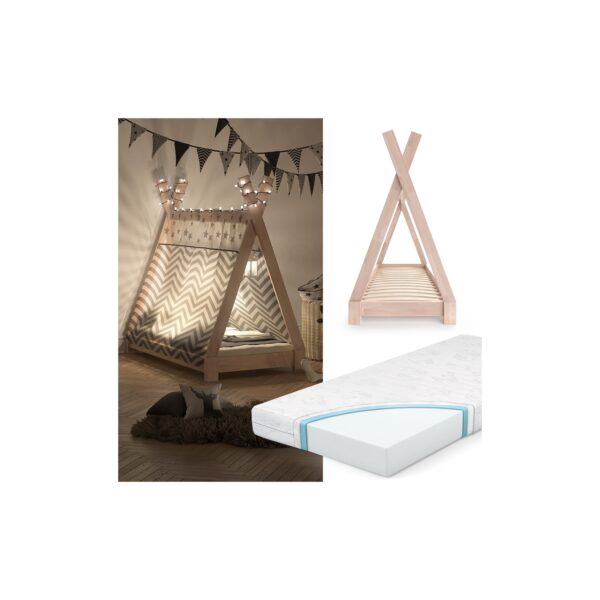 VITALISPA Kinderbett TIPI Indianer Bett Kinderhaus Holz Hausbett 70x140cm Natur mit Matratze