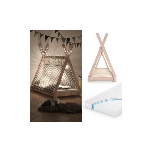 VITALISPA Kinderbett TIPI Indianer Bett Kinderhaus Holz Hausbett 80x160cm Natur mit Matratze