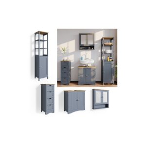 Vicco 4er Badmöbel Set Bianco Grau Spiegelschrank Unterschrank Hochschrank Badschrank Set im Landhausstil