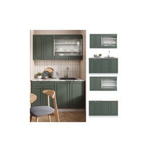 Vicco Küchenzeile Küchenblock Einbauküche Fame-Line Single Landhaus Weiß Grün Gold 140 cm modern Küchen Schränke Spülenunterschrank Schubunterschrank Hängeschrank Hängeglasschrank