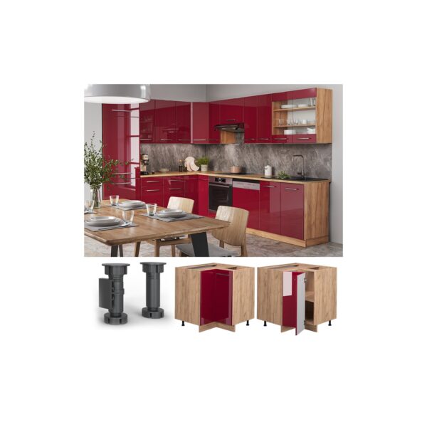 Vicco Eckunterschrank Küchenschrank Küchenmöbel Fame-Line Eiche Rot Bordeaux modern 87 cm Küche Eckküche Einbauküche Doppel-Drehtür Einlegeboden Blende Küchenzeile Hochglanz