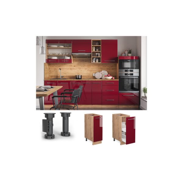 Vicco Apothekerunterschrank Küchenschrank Küchenmöbel Fame-Line Eiche Rot Bordeaux modern 30 cm Küche Einbauküche Einschübe Aufbewahrung Küchenzeile Hochglanz