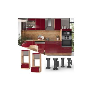 Vicco Mikrowellenumbauschrank Küchenschrank Küchenmöbel Fame-Line Eiche Rot Bordeaux modern 60 cm Küche Einbauküche Blende Schublade Mikrowelle Backofen Küchenzeile Hochglanz