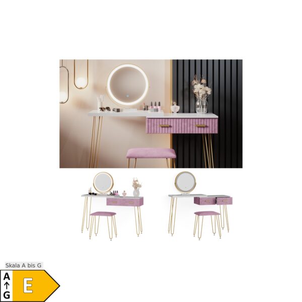 Vicco Schminktisch Frisiertisch Schminkkommode Zoey Weiß Rosa LED-Spiegel Design-Hocker 120x76 cm modern Schlafzimmer Kommode Schublade Ablage Aufbewahrung Touch-Switch Kosmetiktisch Make-Up-Tisch