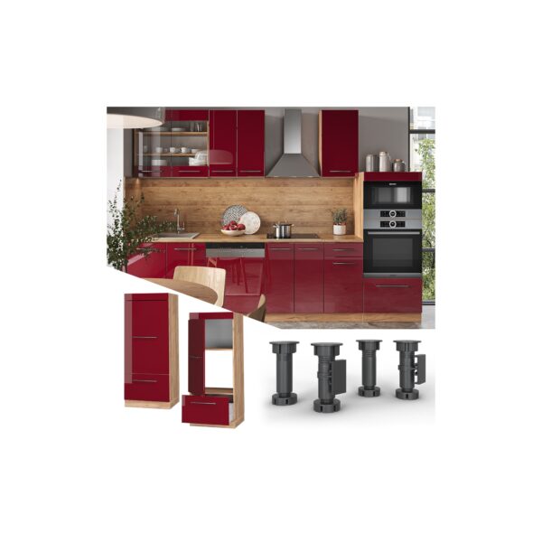 Vicco Mikrowellenumbauschrank Küchenschrank Küchenmöbel Fame-Line Eiche Bordeaux Rot 60 cm modern Hochglanz Küche Einbauküche Blende Hochschrank Schublade Mikrowelle Backofen Küchenzeile