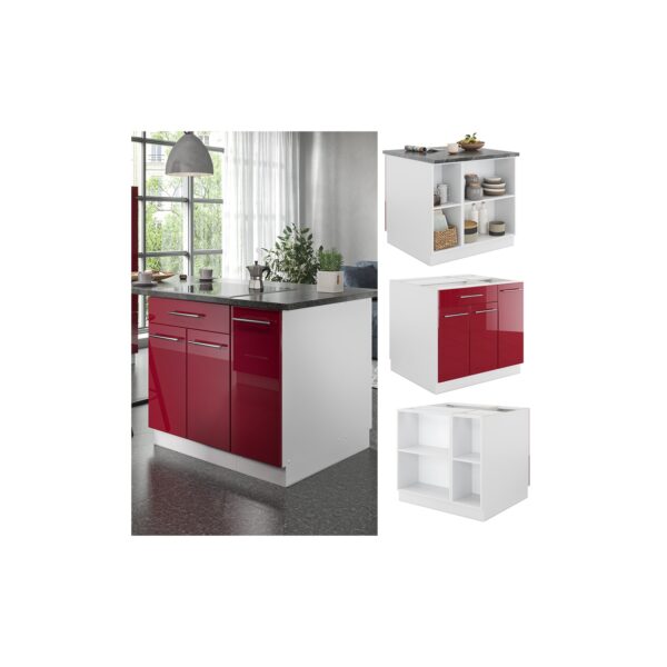 Vicco Kücheninsel Küchenblock Einbauküche Fame-Line Weiß Bordeaux-Rot 90 cm modern Hochglanz Küchen Schränke Apothekerunterschrank Schubunterschrank Regalinselunterschrank Softclose-Scharnier Küchenmöbel