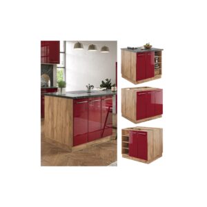 Vicco Kücheninsel Küchenblock Einbauküche Fame-Line Eiche Bordeaux Rot 90 cm modern Hochglanz Küchen Schränke Regalunterschrank Küchenunterschrank Regalinselunterschrank Softclose-Scharnier Küchenmöbel