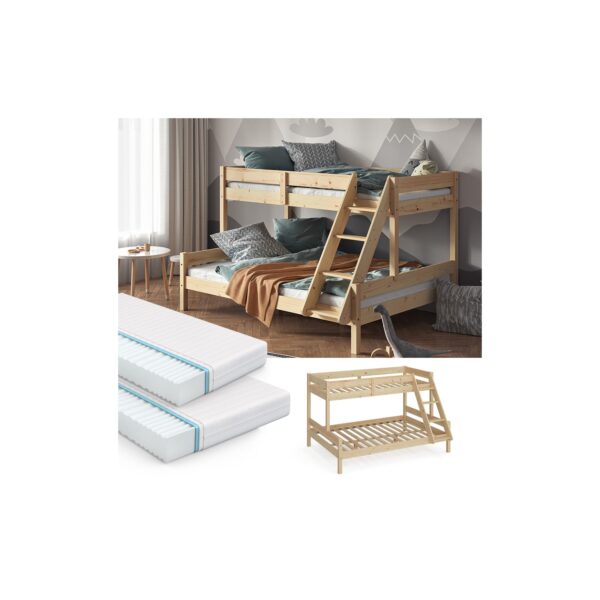 VitaliSpa Hochbett Kinderbett Spielbett Everest Natur modern 140x200 Massivholz Kinderzimmer Bett Lattenrost Bettleiter Kletterbett Doppelbett Geschwisterbett Matratze