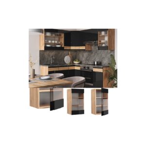 Vicco Glashängeschrank Küchenschrank Küchenmöbel Fame-Line Eiche Schwarz 40 cm modern Hochglanz