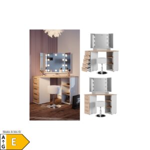 Vicco Eckschminktisch Frisiertisch Frisierkommode Sofia Weiß Sonoma Spiegel LED Hocker 128x142 cm modern Ablage