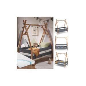 VitaliSpa Kinderbett Hausbett Indianerbett Madita Anthrazit Naturholz Matratze 166x60 cm modern Kinderzimmer Bett Einzelbett Juniorbett Tipibett Lamellenrost Rausfallschutz