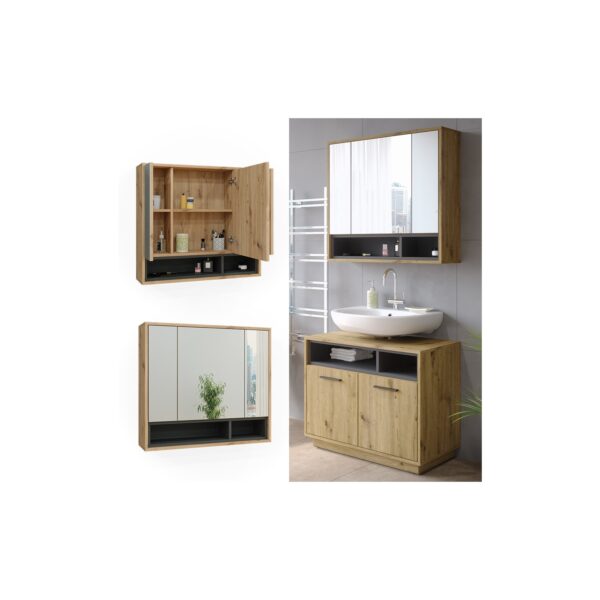 Vicco Spiegelschrank Badschrank Badezimmermöbel Beatrice Eiche Anthrazit modern 80x72 cm Badspiegel Badezimmer Schrank Badmöbel Schranktür Schrankfach