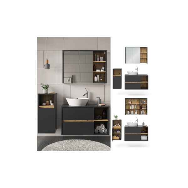 Vicco Badmöbel-Set Badezimmer-Möbel Bad-Schrank Viola Anthrazit Eiche modern Badezimmerschrank Waschtischunterschrank Spiegelschrank Midischrank Schranktür Schrankfach Ablage Aufbewahrung