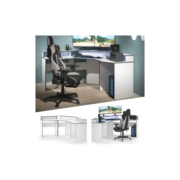 Vicco Computermöbelset Kron Weiß Grau modern Eckcomputertisch Schreibtisch Bürotisch PC-Tisch Arbeitszimmer Homeoffice Büromöbel Monitorempore