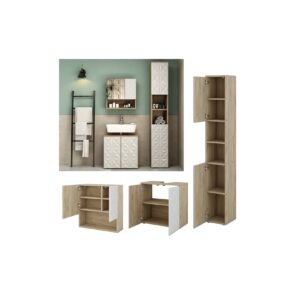 Vicco Badmöbel-Set Badezimmer-Möbel Bad-Schrank Edge Eiche Weiß modern Badezimmerschrank Waschbeckenunterschrank Spiegelschrank Hochschrank Badezimmerkommode