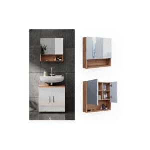 Vicco Spiegelschrank Badspiegel Wandspiegel Irma Eiche Weiß Hochglanz modern 54x55 cm Badezimmer Schrank Badschrank Badezimmermöbel Badmöbel 2 Türen