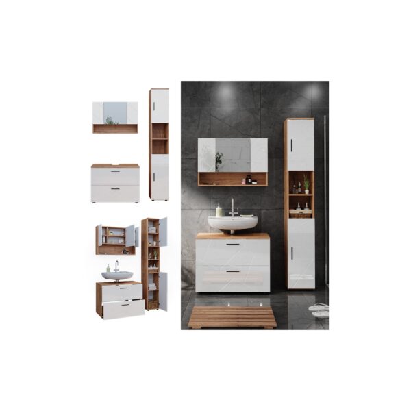 Vicco Badmöbelset Irma Eiche Weiß Hochglanz modern 80 cm 30 cm Badezimmerschrank Badschrank Badezimmermöbel Waschtischunterschrank Spiegelschrank Hochschrank Schranktür Schrankfach Schrankschublade