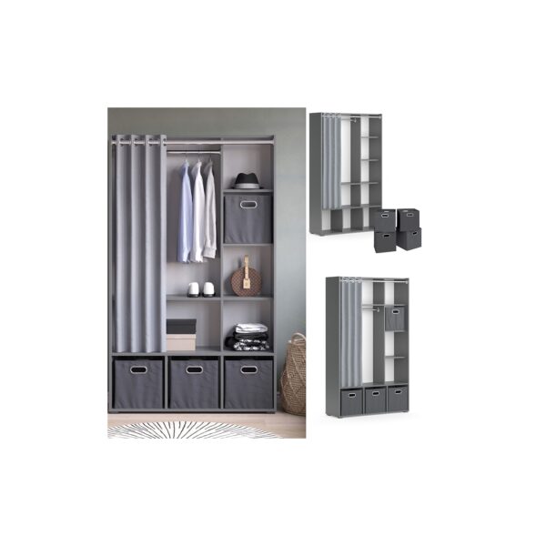 Vicco Kleiderschrank Schlafzimmerschrank Garderobe Luigi Grau Faltbox 106 x 178 cm modern Schrankregal Organizer Vorhang Kleiderstange Fächer Aufbewahrung Ablage