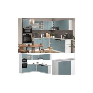 Vicco Eckküche R-Line Solid Weiß Blau Grau 247x237 cm Arbeitsplatte modern Küchenschränke Küchenmöbel