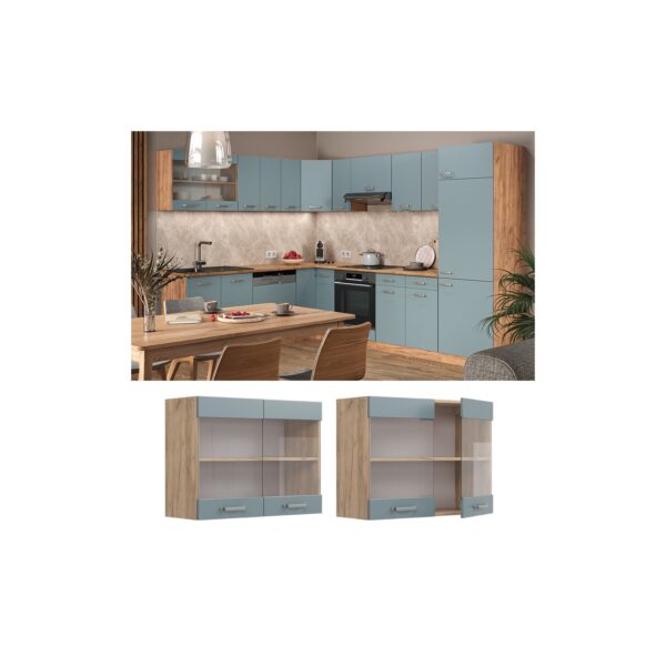 Vicco Glashängeschrank Küchenschrank R-Line Solid Eiche Blau Grau 80 cm modern