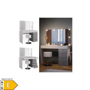 Vicco Schminktisch Elise Weiß Grau 115 x 76 cm modern Frisiertisch Schubladen Spiegel Hocker LED-Beleuchtung