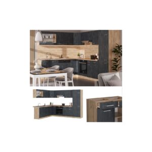 Livinity Eckküche R-Line 287x227 cm Schwarz Beton Eiche ohne Arbeitsplatte